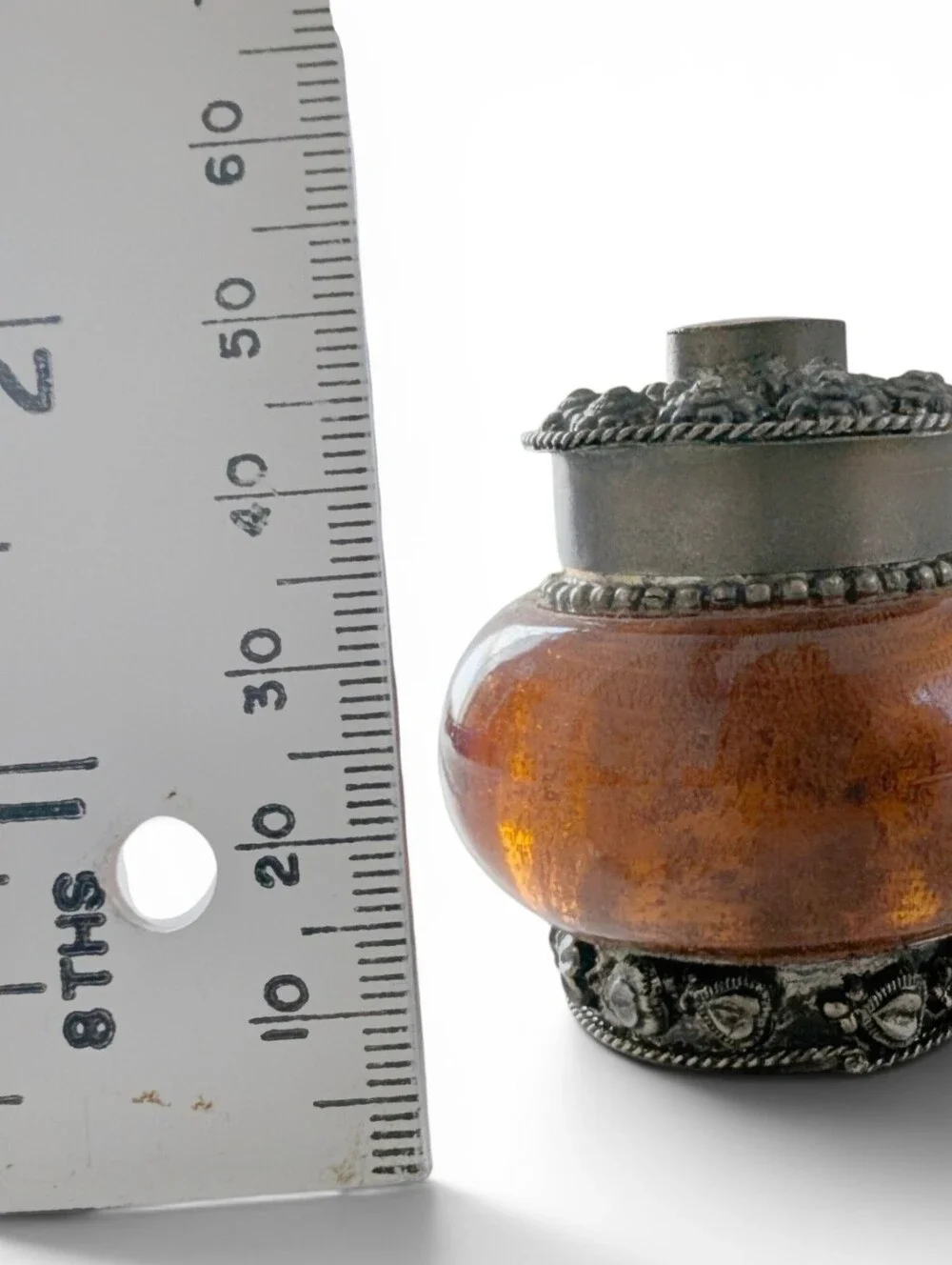 VINTAGE Amber Glass Accent Jar Ornate Silver Moulding